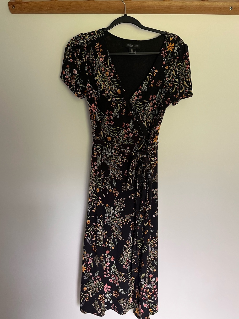 Rachel Zoe Black Midi Dress with Pink and Yellow Floral Print